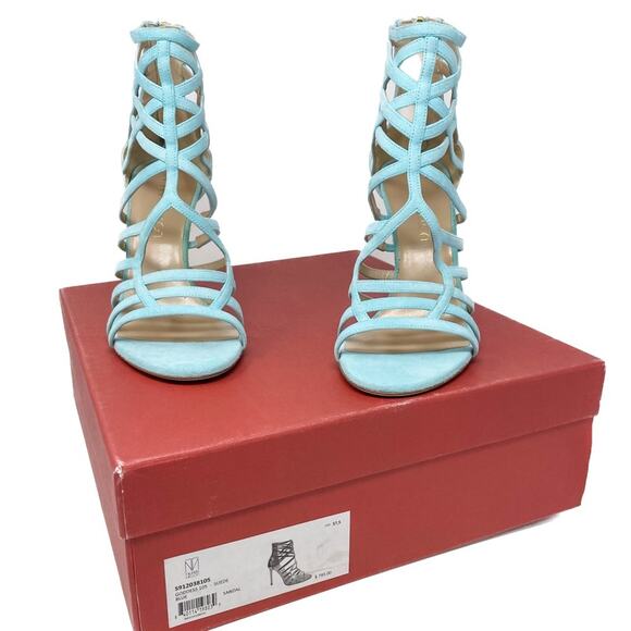 Tamara Mellon aqua/turquoise suede cage strap stiletto sandals size 37.5 US7-7.5 - Picture 8 of 14